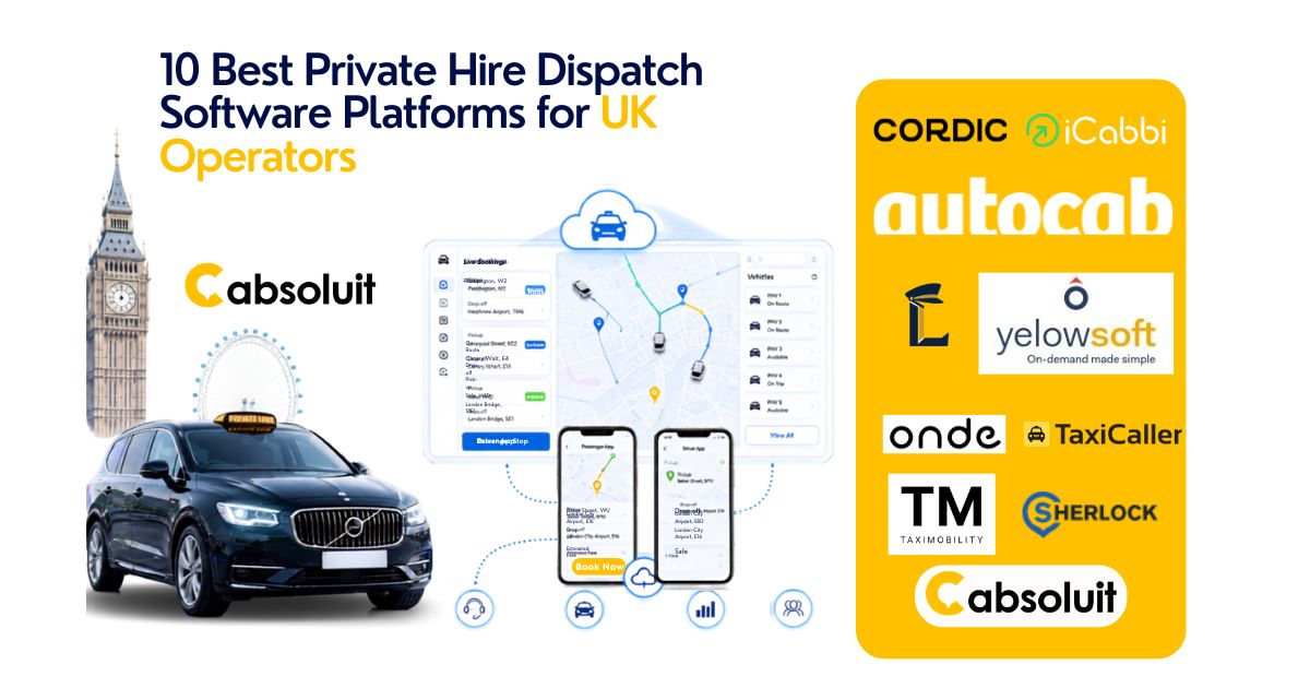 Top 10 private hire dispatch system platforms for UK taxi operators with dashboard and taxi visuals
