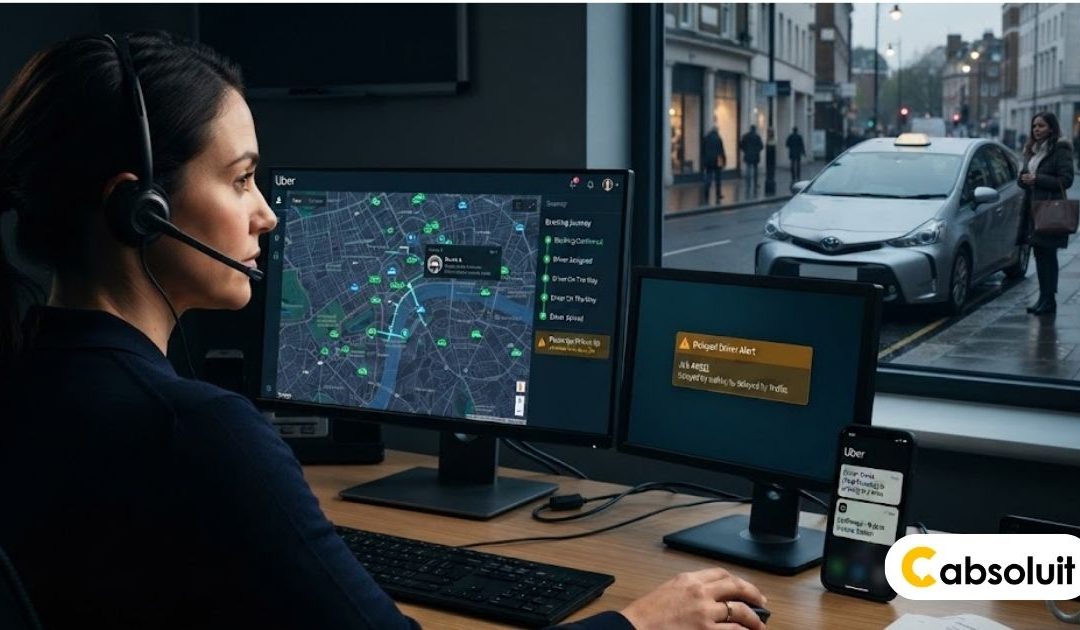 Over-the-shoulder view of a taxi control centre operator managing automated dispatch software, live city maps, and delayed driver alerts.
