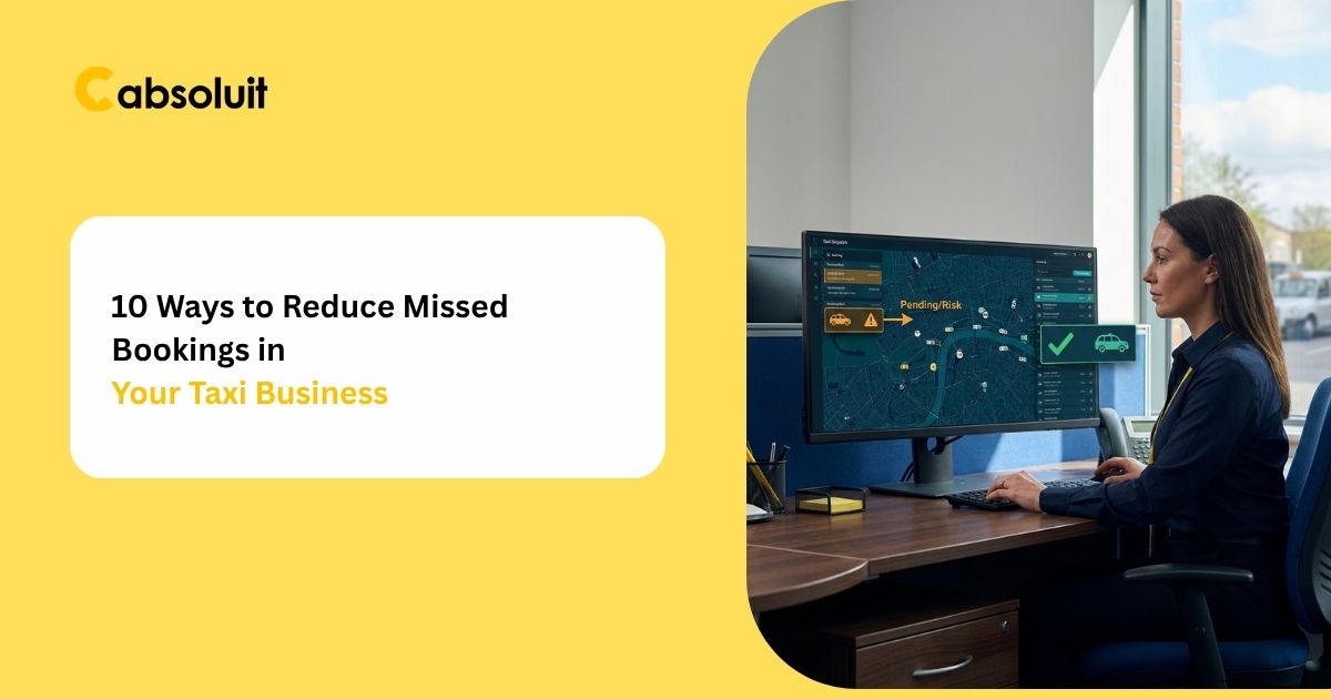 Professional dispatcher using taxi dispatch software with a live booking map and status alerts to reduce missed bookings in a taxi business.