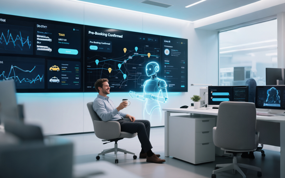 A man at a desk with a computer, exploring how AI can transform the taxi industry through innovative technology.