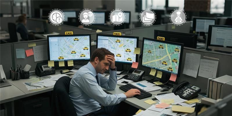 A man with multiple screens, paper clutter, and stress visual signs your taxi business needs a taxi dispatch software solution.  