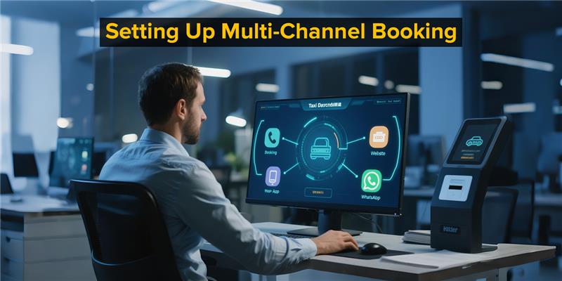 Set Up Multi-Channel Booking Man at desk setting up multi-channel taxi booking on computer with app, website, WhatsApp.
