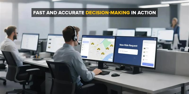 Dispatcher managing taxi rides on dual monitors, Fast and Accurate Decision-Making in Action.