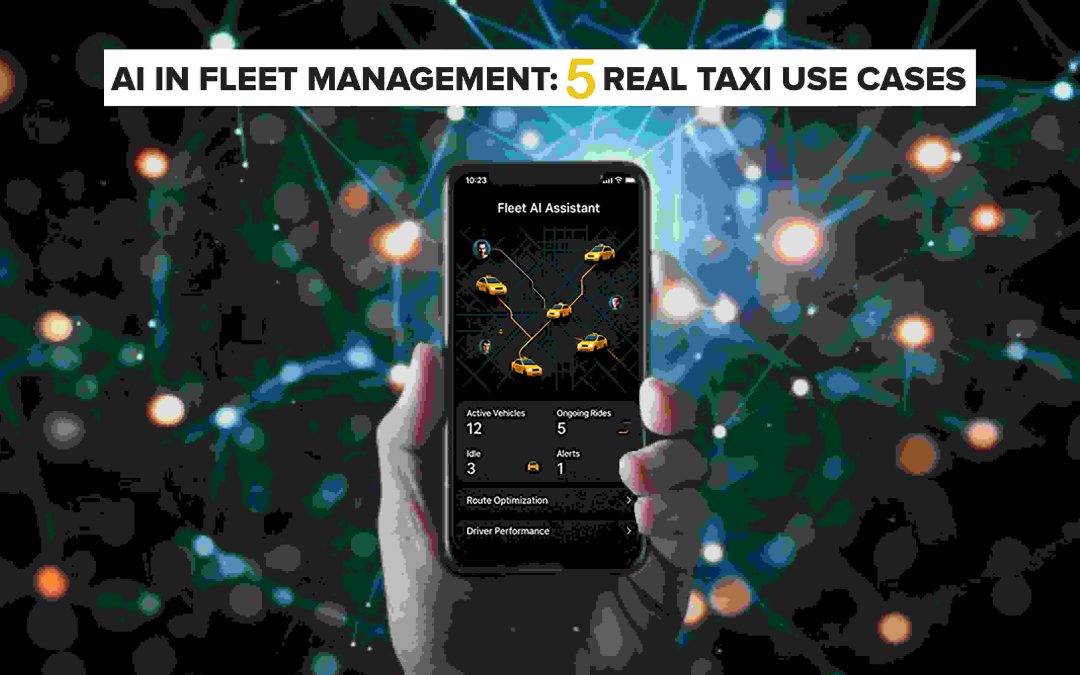 A hand holding a smartphone displaying a fleet AI assistant app with connected taxis on screen, representing AI use in taxi fleet management.