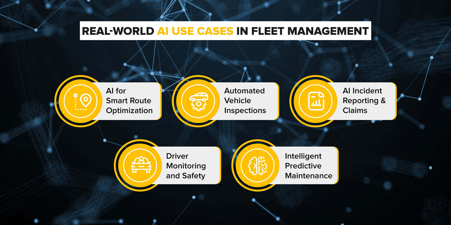 AI use cases in fleet management AI use cases in fleet management, including route optimization, inspections, safety, reporting, and maintenance.