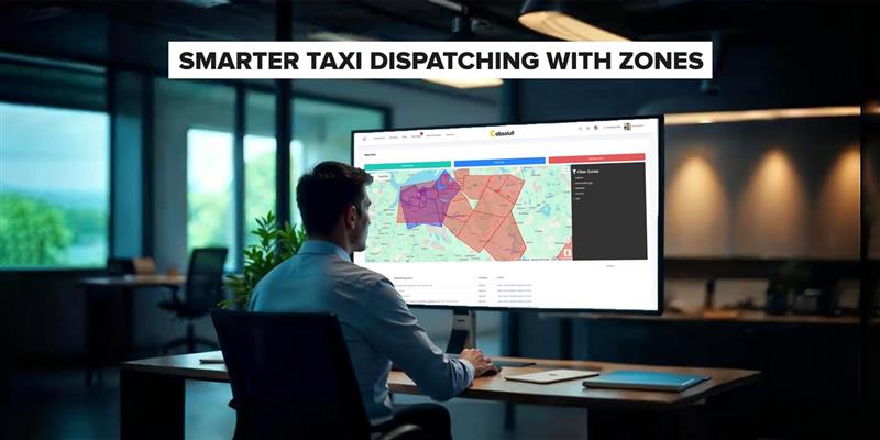 Man using taxi dispatch software with zone-based map view on a large screen.