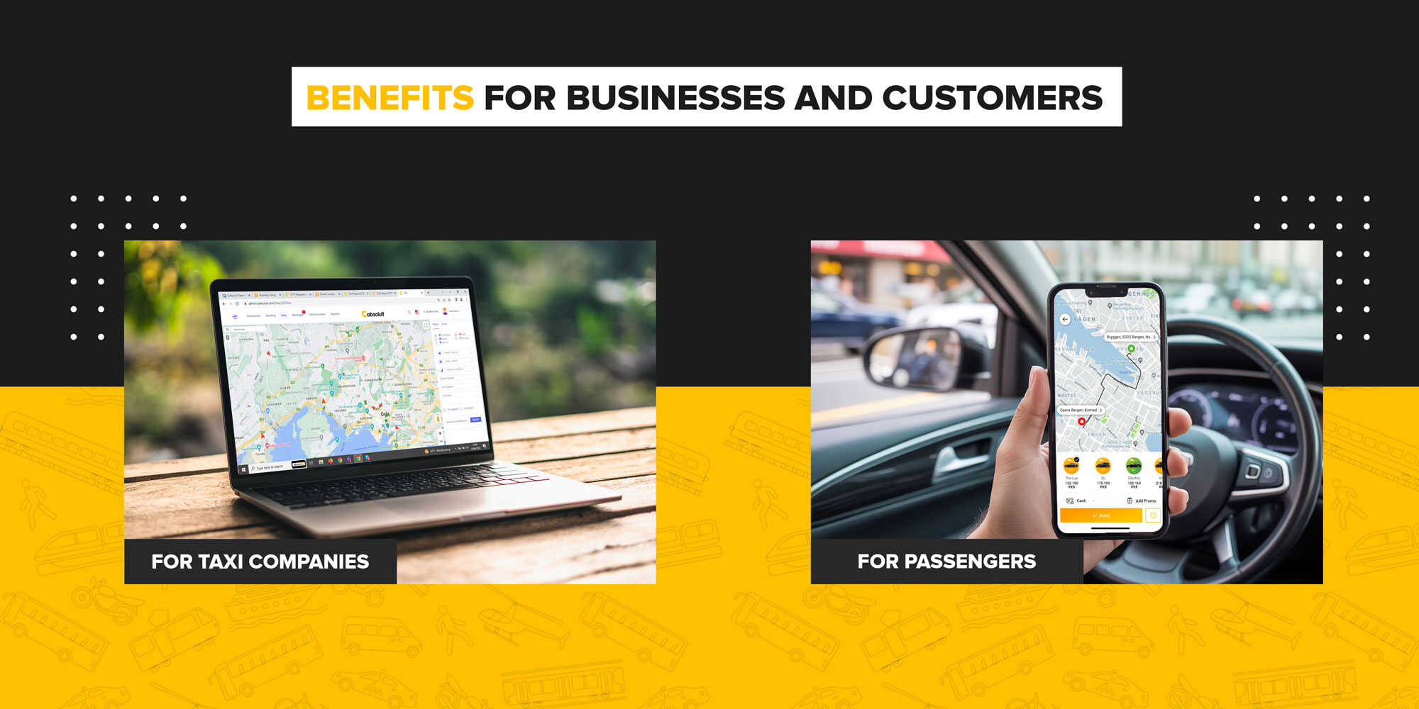 Benefits of taxi dispatch software for businesses and passengers Benefits of taxi dispatch software for businesses and passengers showing company dashboard and mobile booking app.