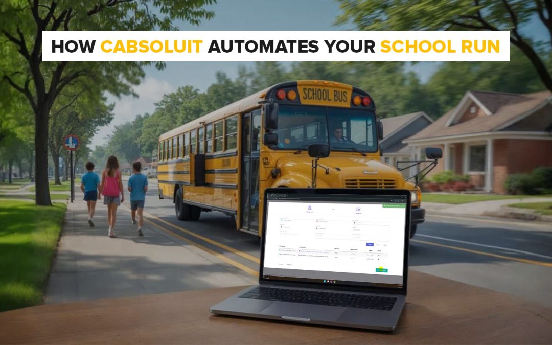 A School Dispatch System displayed on a laptop with a school bus in the background, illustrating automated school run management and tracking.