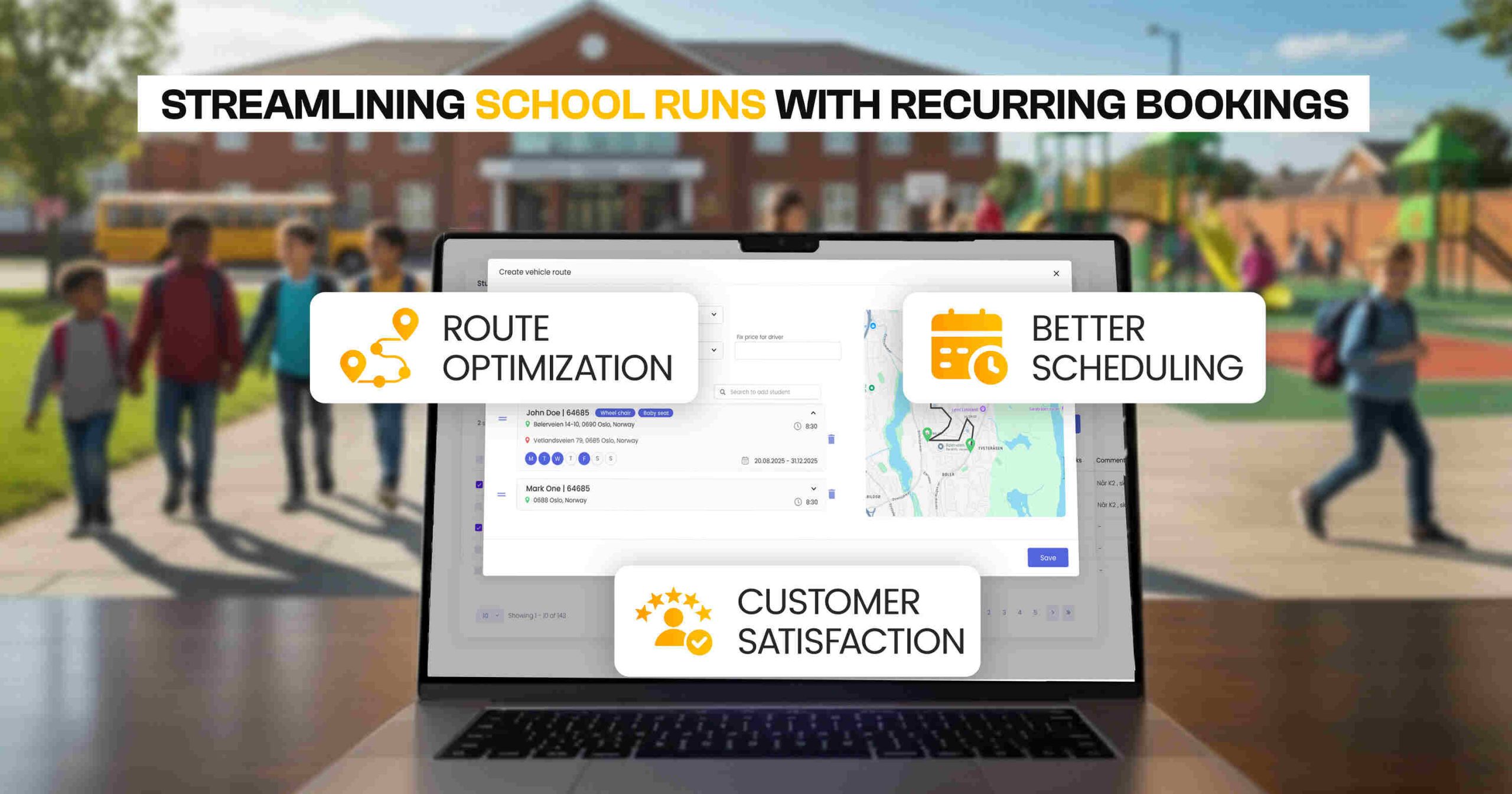Improve School Runs by Recurring Bookings UK (1) Recurring school run bookings with route optimization, scheduling, and customer satisfaction features on Cabsoluit.