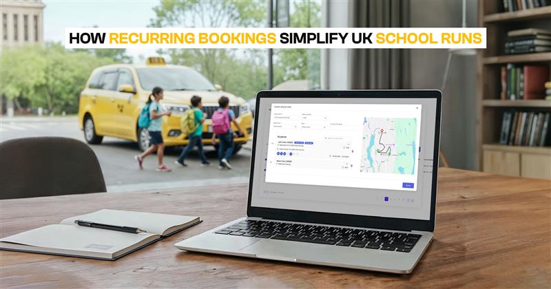Recurring bookings for UK school runs with route optimization shown on Cabsoluit software.