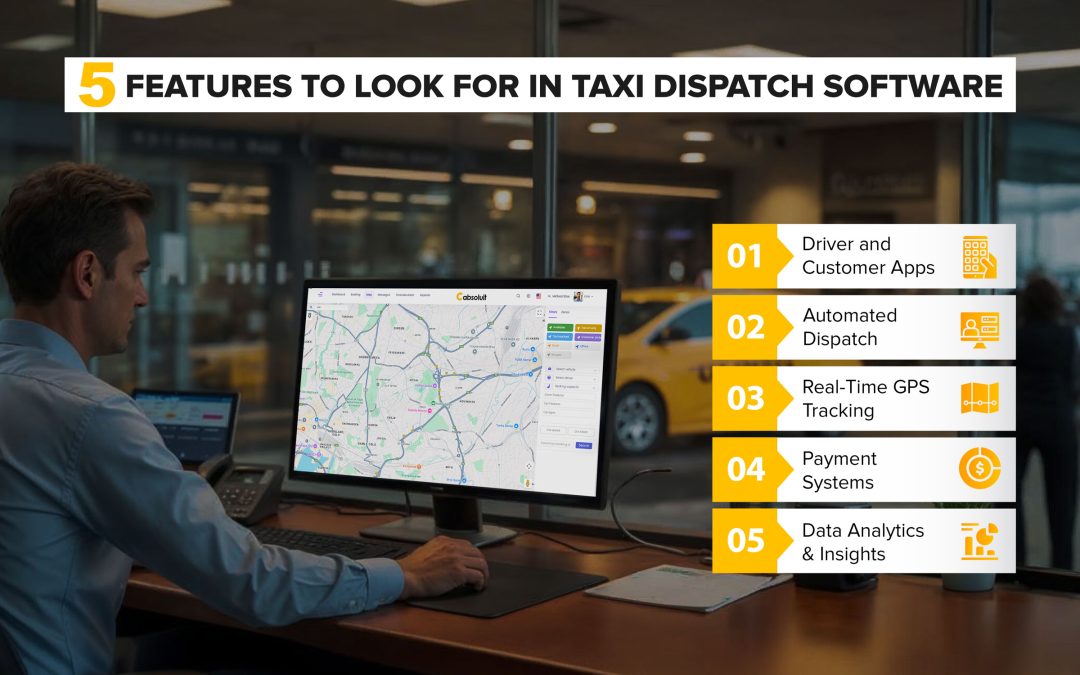 key features of taxi dispatch software . Driver and customer apps, automated dispatch, real-time GPS tracking, payment systems, and data analytics.