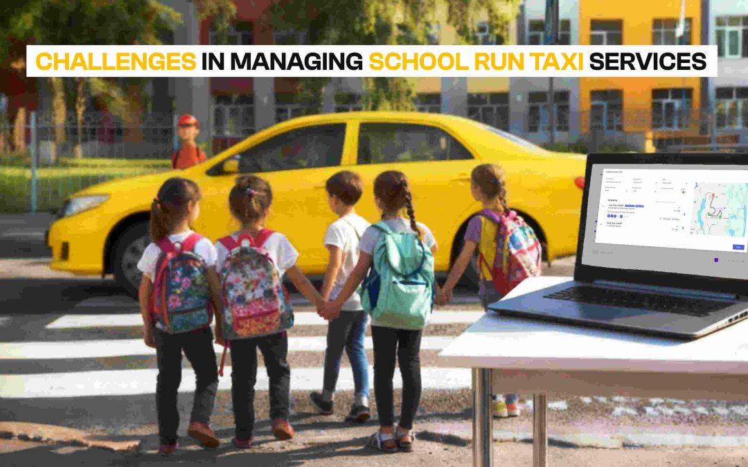 School children waiting with a yellow taxi and route planning app on a laptop, showing challenges in managing school taxi services.