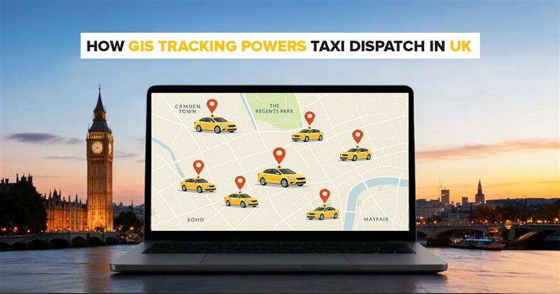 GIS taxi tracking map on laptop with Big Ben in background, showcasing GIS-powered taxi dispatch in the UK
