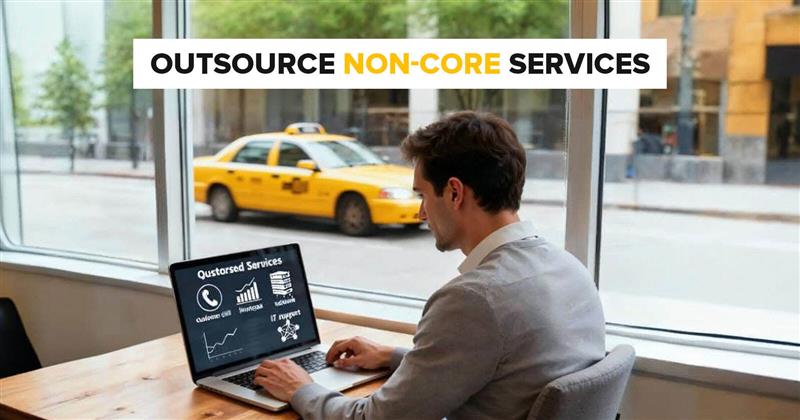 Businessperson using a laptop to manage outsourced services with a yellow taxi visible outside the window.