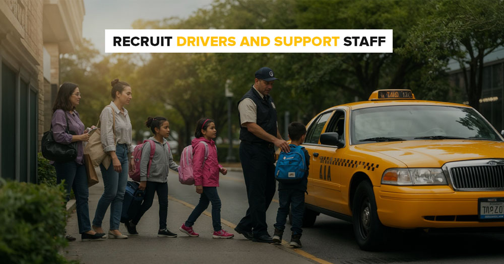 Taxi driver helping school children board a yellow cab while parents wait, representing safe school transport and driver recruitment in the UK