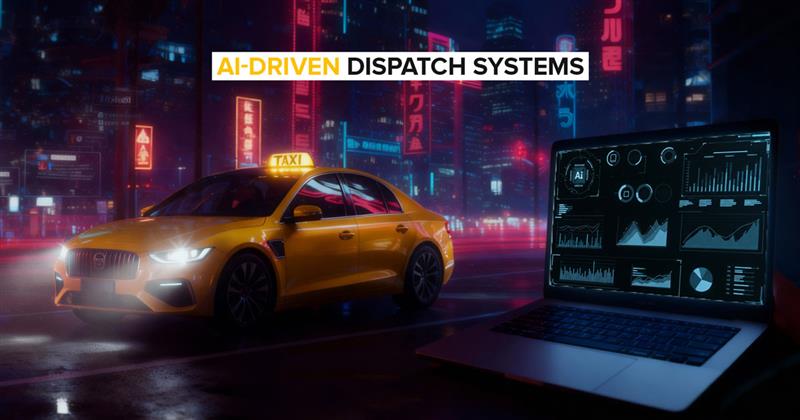 AI-driven dispatch system for taxi services. A yellow taxi car with a laptop displaying real-time data analytics and AI technology in a futuristic city.
