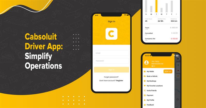 Cabsoluit Driver App screenshot showing user login, trip analytics, and app features for efficient taxi fleet management and driver operations.