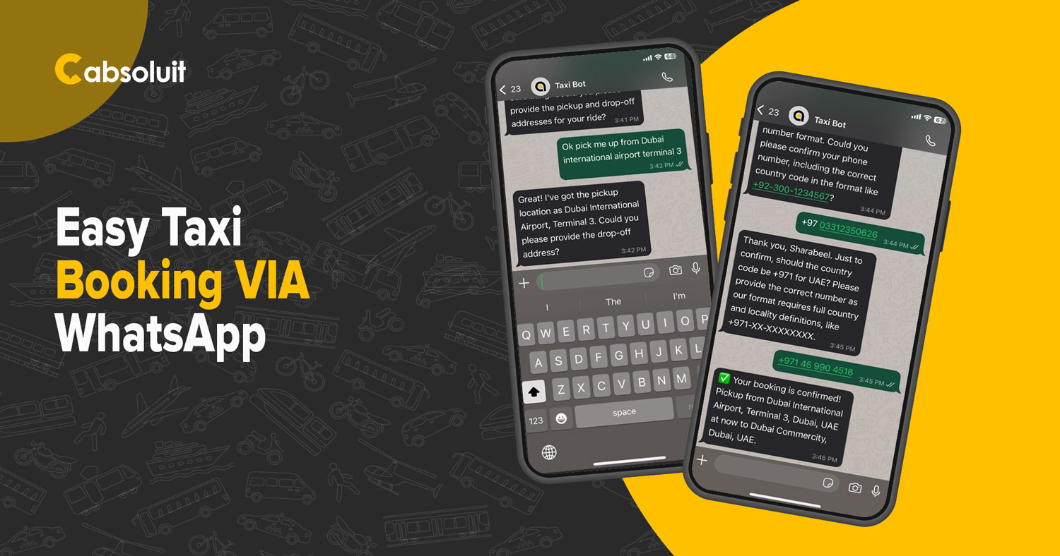 Cabsoluit WhatsApp chatbot for easy taxi booking. A user books a ride by providing pickup and drop-off locations, and confirming their phone number.