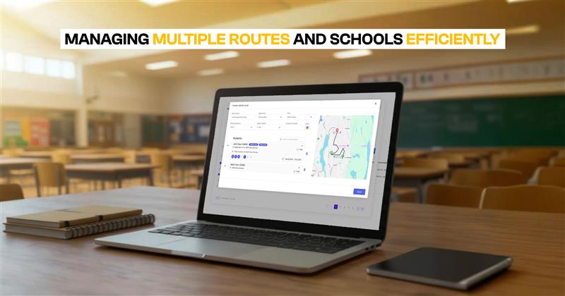 Laptop showing school taxi route planning software, highlighting efficient management of school routes. 