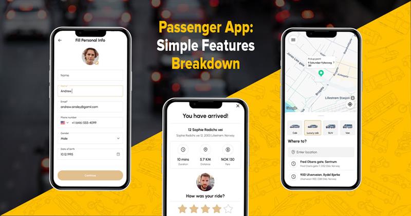 Cabsoluit passenger app interface showing user registration, ride booking with vehicle options, and ride completion with fare and rating features