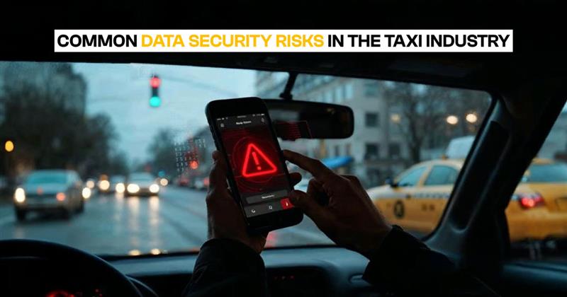 Person inside a taxi holding a phone with a red warning alert, showing the importance of data security in taxi dispatch systems.