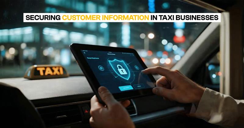 Driver using a mobile phone inside a taxi showing a security warning alert, highlighting data security risks in taxi businesses.