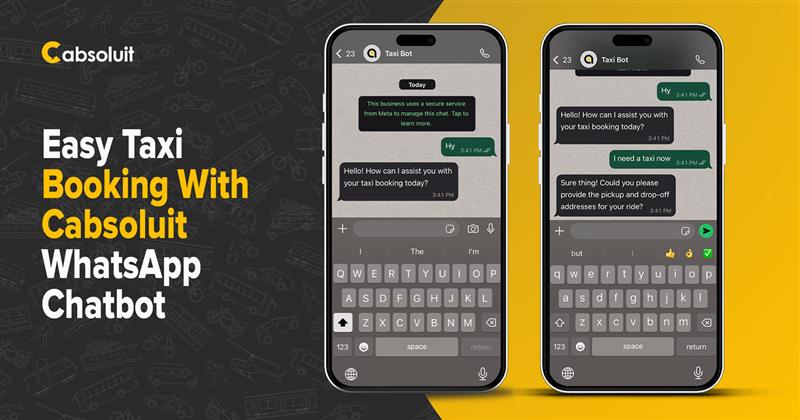 Cabsoluit WhatsApp chatbot for easy taxi booking. A user interacts with the chatbot to book a taxi by providing pickup and drop-off addresses.