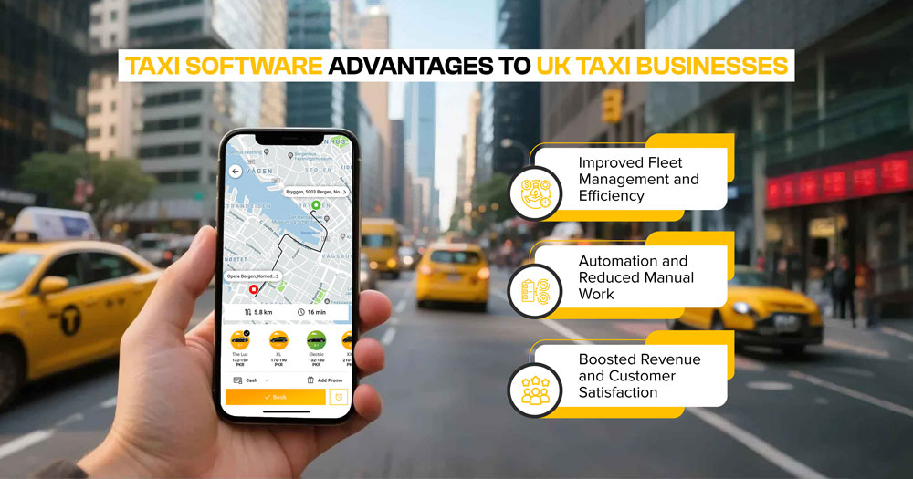 Taxi software benefits for UK taxi companies shown on a mobile booking app, highlighting efficiency, automation, and customer satisfaction.