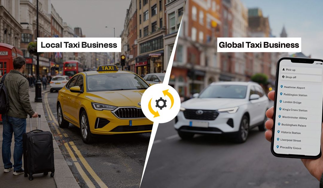 Local vs global taxi business comparison showing street pickup and app booking, highlighting how taxi services scale beyond one city.