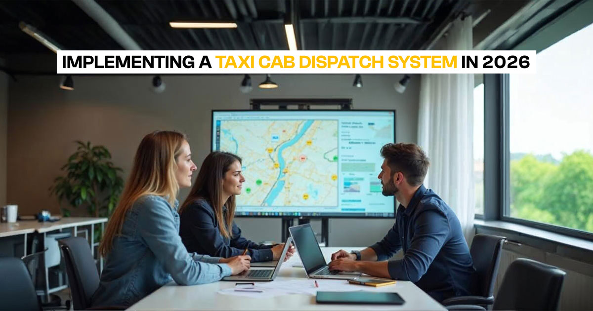 Team discussing implementation of a taxi dispatch system in 2026, with a digital map and booking interface displayed on a large screen in office.