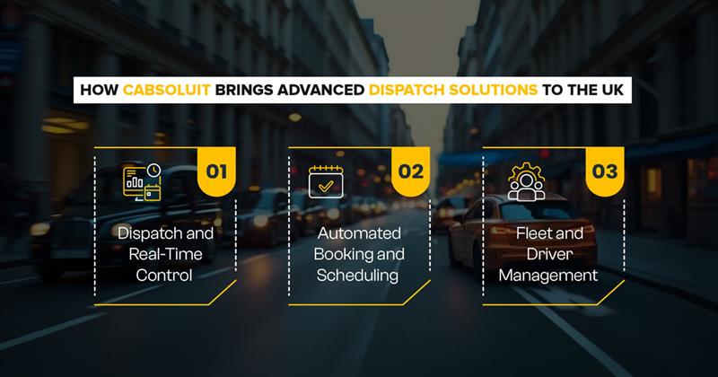 Cabsoluit showcases UK dispatch solutions with real-time control, automated booking, and fleet management features.