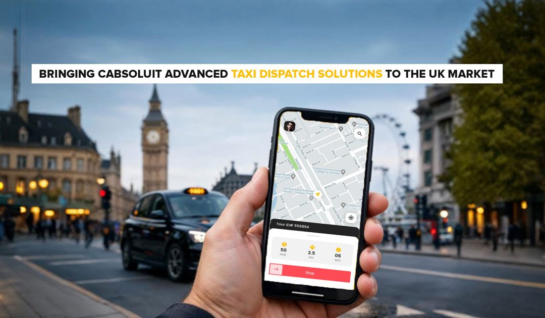 Hand holding phone with Cabsoluit taxi dispatch app in London, showing live ride tracking near Big Ben and the London Eye.
