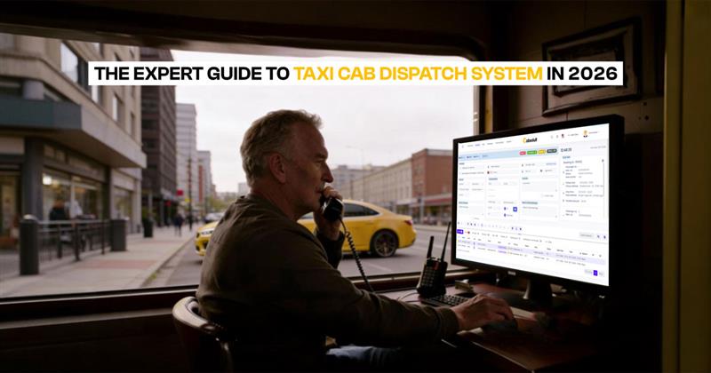 Taxi dispatcher using Cabsoluit's advanced taxi cab dispatch system on a desktop computer in 2026, managing bookings and communications with a yellow cab visible outside the window.