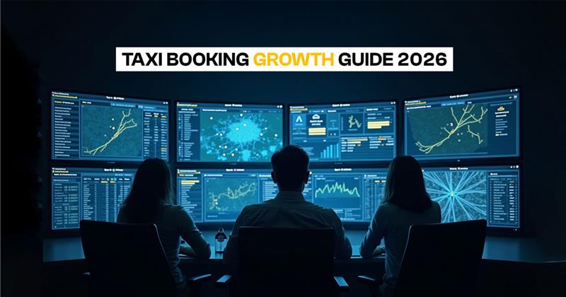 Taxi booking growth guide 2026, a team analyzing ride data on multiple screens in a dispatch control center