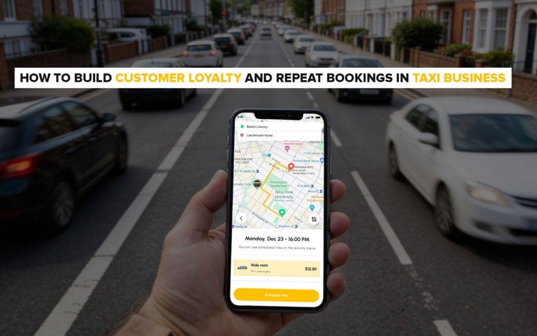 Passenger using taxi booking mobile app with live trip tracking on a city street to support customer loyalty and repeat taxi bookings.