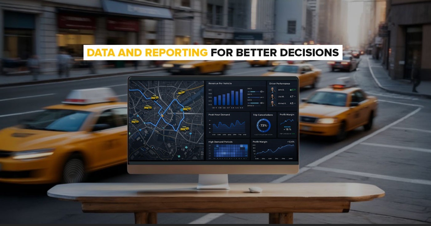 Taxi fleet data dashboard showing revenue analytics, driver performance, GPS tracking, and reporting tools for better transportation decisions.