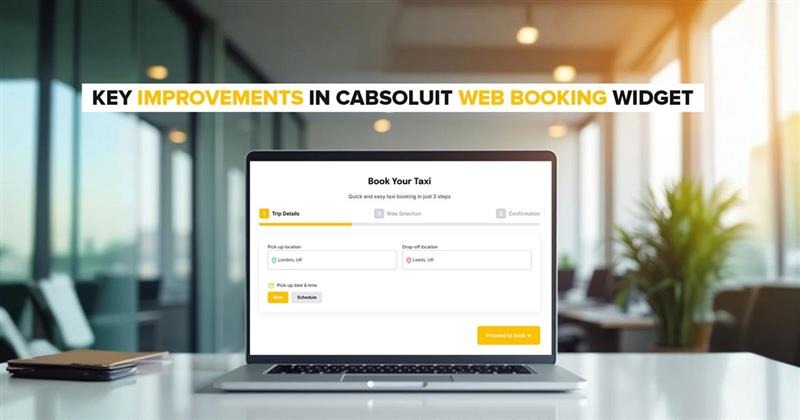 Cabsoluit web booking widget on laptop showing key improvements with faster taxi booking flow and direct dispatch integration.