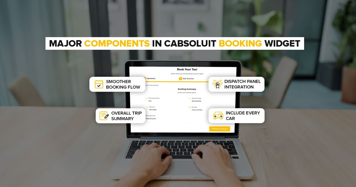 Cabsoluit taxi booking widget on laptop showing smoother booking flow, dispatch panel integration, trip summary, and car selection features.
