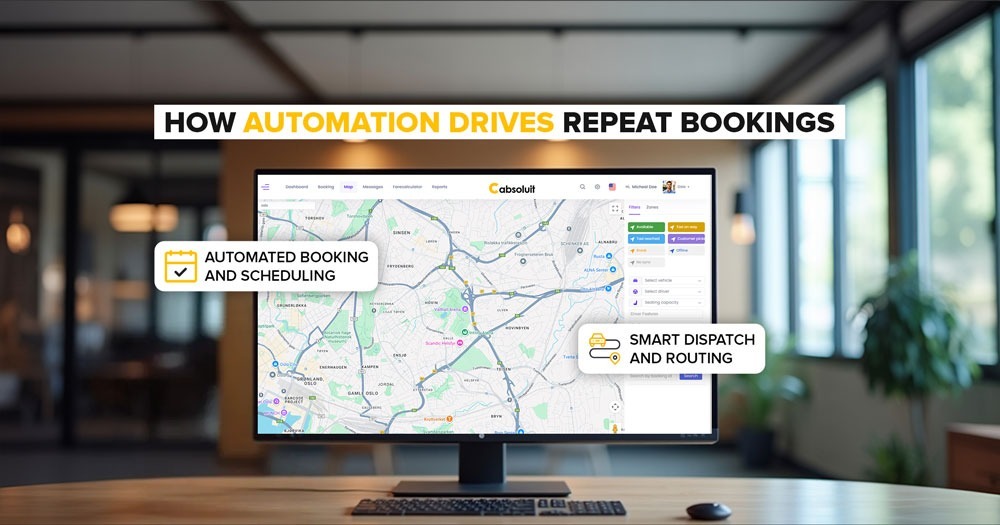 Cabsoluit dashboard showing automated booking, scheduling, and smart dispatch routing to increase repeat taxi bookings.