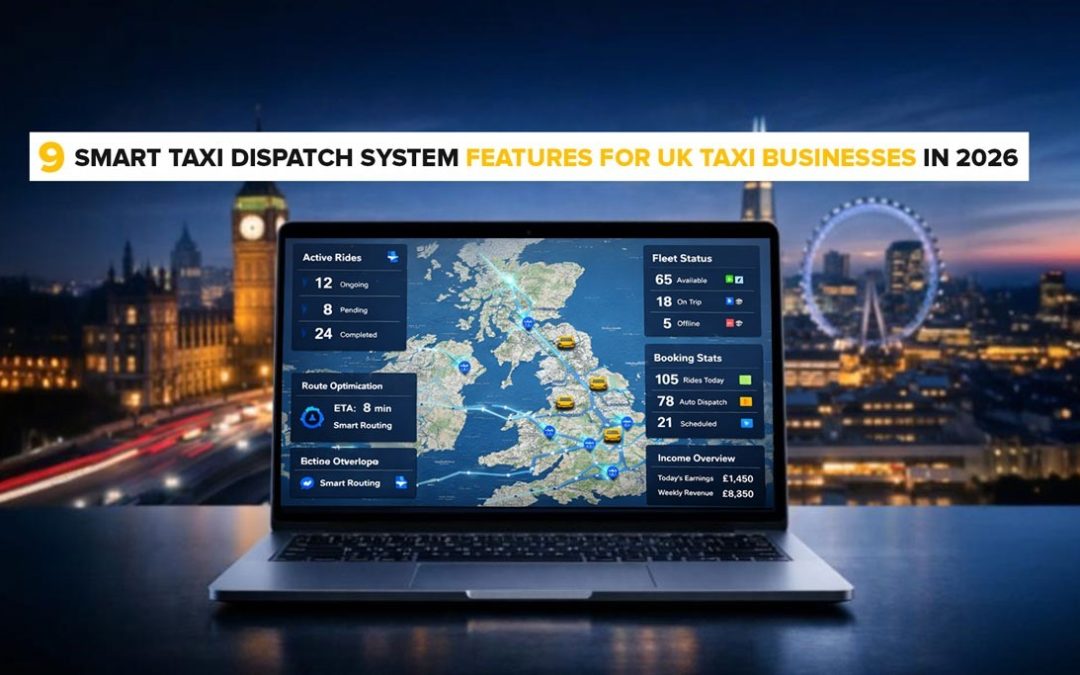 Smart taxi dispatch system dashboard for UK taxi businesses in 2026 showing route optimization, fleet tracking, booking stats, and income overview.