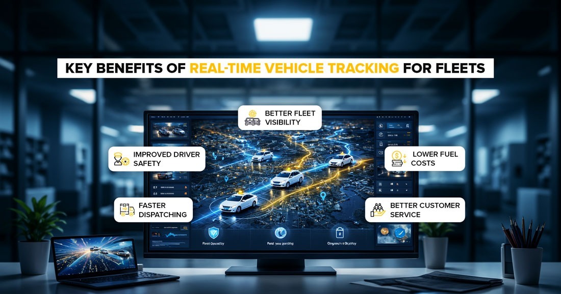 Real-time vehicle tracking system showing fleet visibility, driver monitoring, route optimization, and dispatch efficiency.