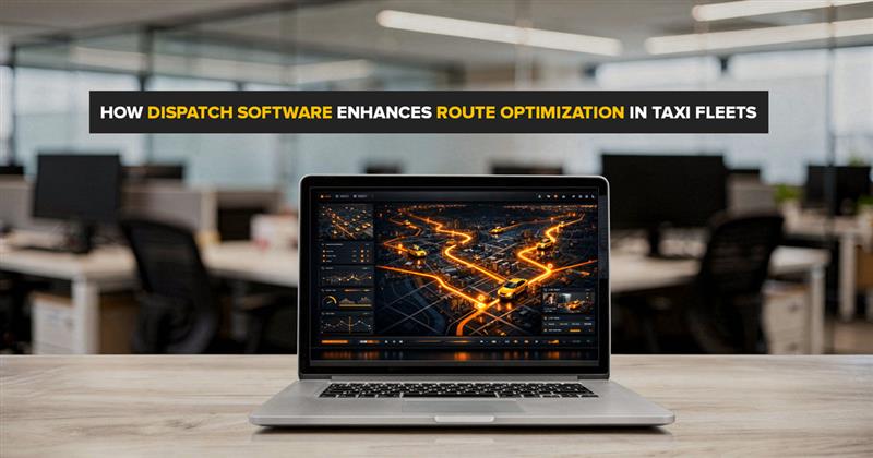 Dispatch software dashboard on laptop showing route optimization, GPS tracking, and real-time taxi fleet management system