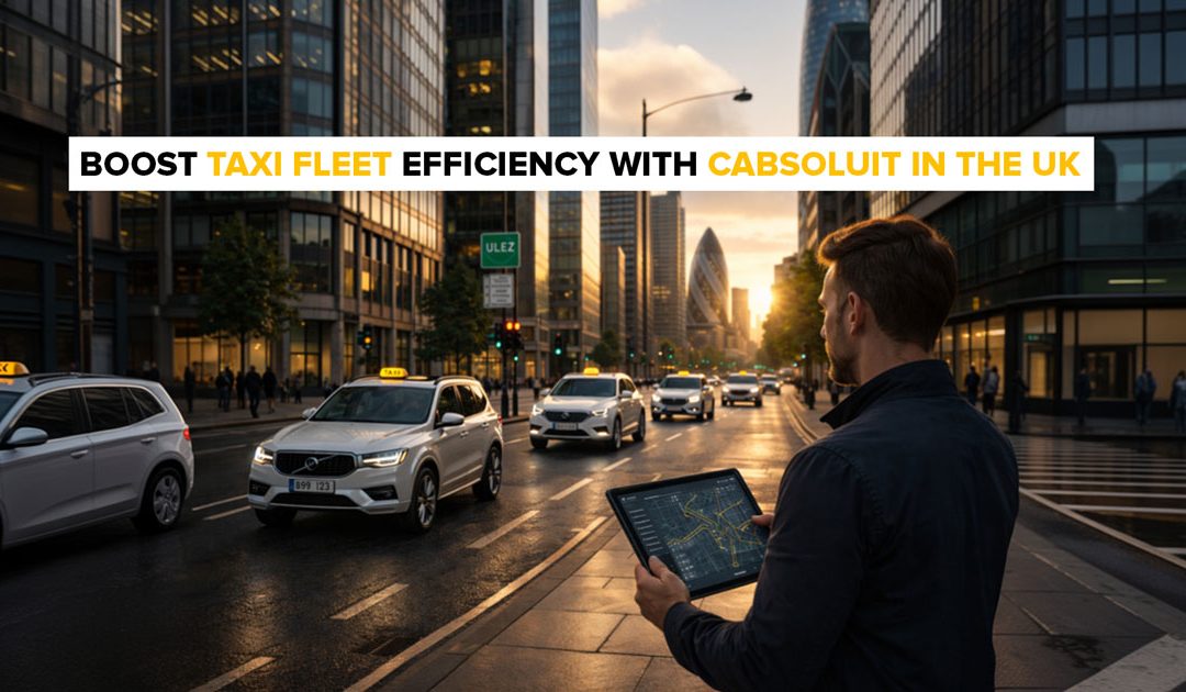 Cabsoluit taxi dispatch system managing UK fleet traffic via tablet on city street with multiple taxis in motion