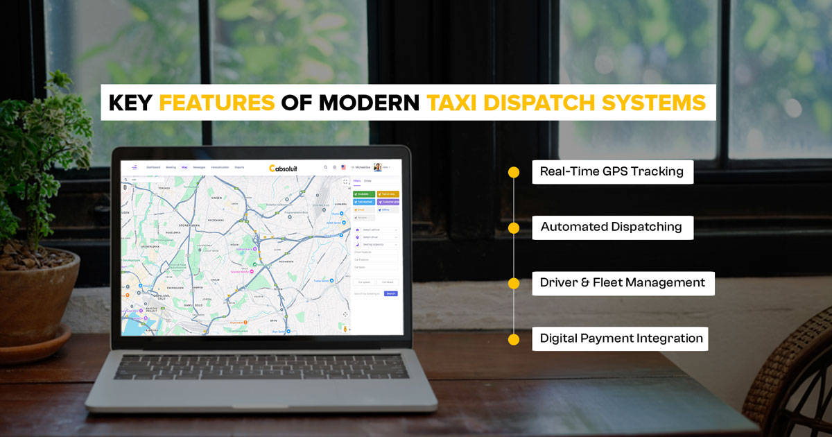 Cabsoluit taxi dispatch software dashboard on laptop showing GPS tracking, automated dispatch, fleet management and payments