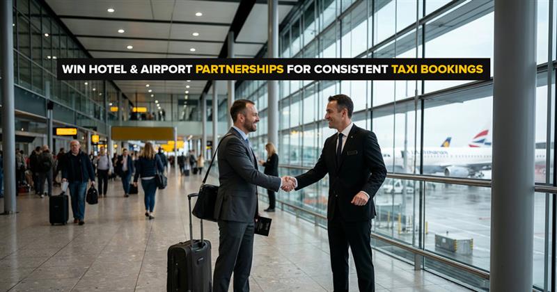 Taxi operator handshake at airport, win hotel and airport partnerships for consistent taxi bookings