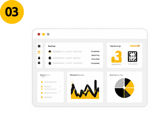 illustration showing Cabsoluit taxi dispatch software dashboard with bookings, revenue overview and fleet analytics