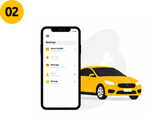 illustration showing Cabsoluit driver app on mobile phone with yellow taxi — private hire operator using taxi dispatch app