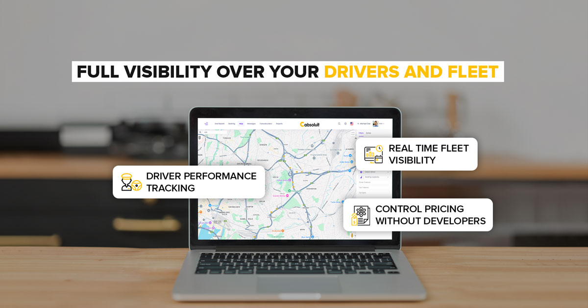 Cabsoluit taxi dispatch software dashboard on laptop showing real-time fleet visibility, driver performance tracking and pricing control for fleet owners