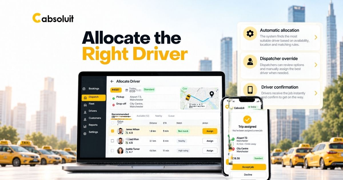 Cabsoluit taxi dispatch software showing automatic driver allocation, dispatcher override and driver booking confirmation.