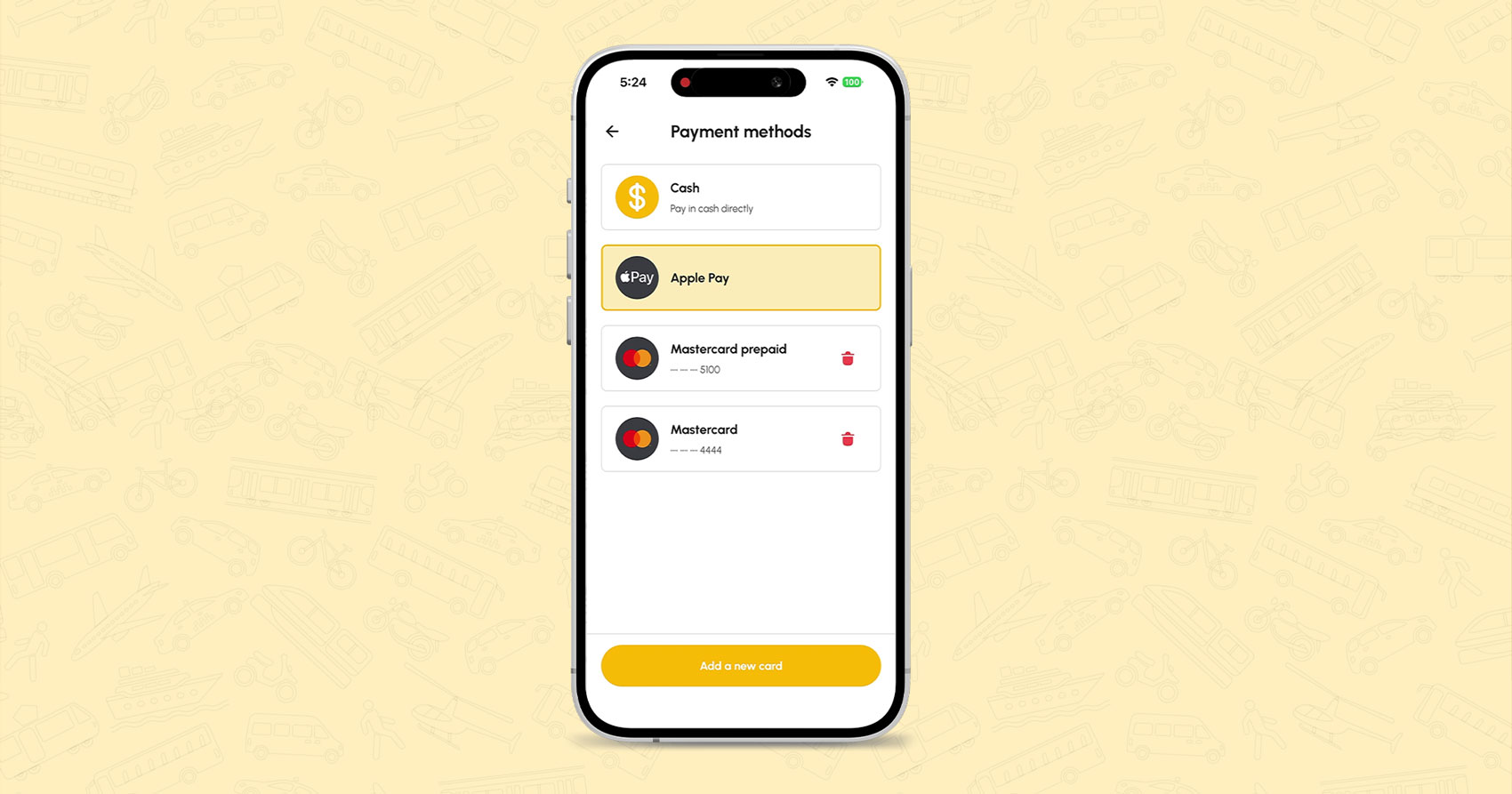 Apple Pay selected as a payment method in the Cabsoluit Passenger App